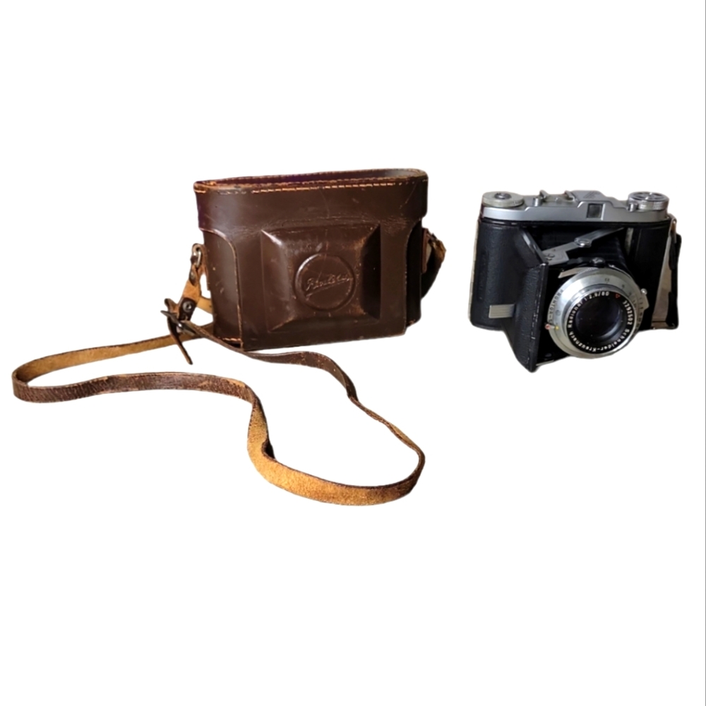 Vintage Black and Brown Camera with Leather Case